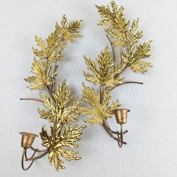 Vintage Gold Metal Maple Leaf Sconces Candleholders Home Interior MCM - Picture 1 of 9
